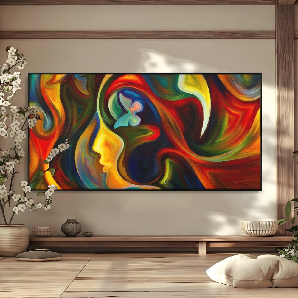 Tablou canvas cu pictura abstracta cu profil uman si fluturi, in rama de aluminiu negru